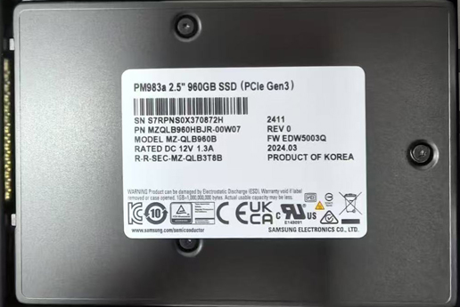 三星 PM983A 960G U.2 MZQLB960HBJR-00W07企业级硬盘